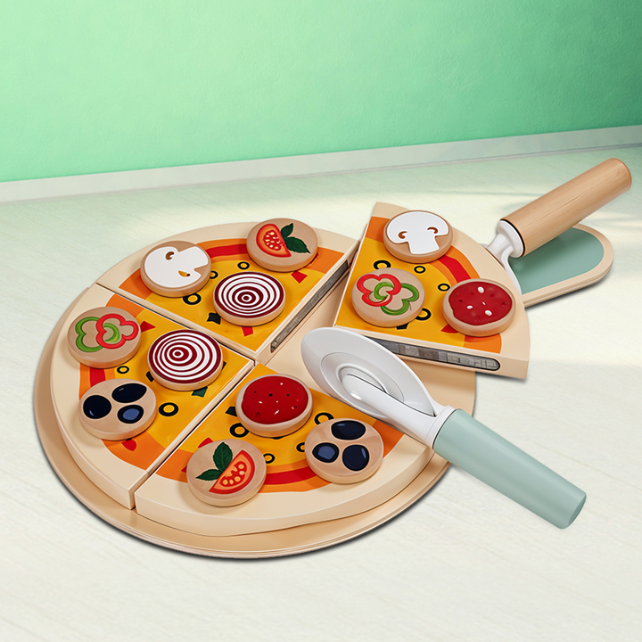 Playtive Pizza Oven – 18-Piece Wooden Role Play Set for Kids 2+, Interactive Pizza-Making Toy with Dividable Pizza, Real Wood Construction, Encourages Creativity & Imagination, TÜV Certified, 3-Year Warranty
