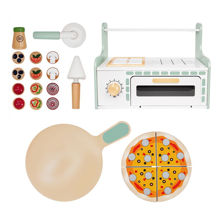 Playtive Pizza Oven – 18-Piece Wooden Role Play Set for Kids 2+, Interactive Pizza-Making Toy with Dividable Pizza, Real Wood Construction, Encourages Creativity & Imagination, TÜV Certified, 3-Year Warranty