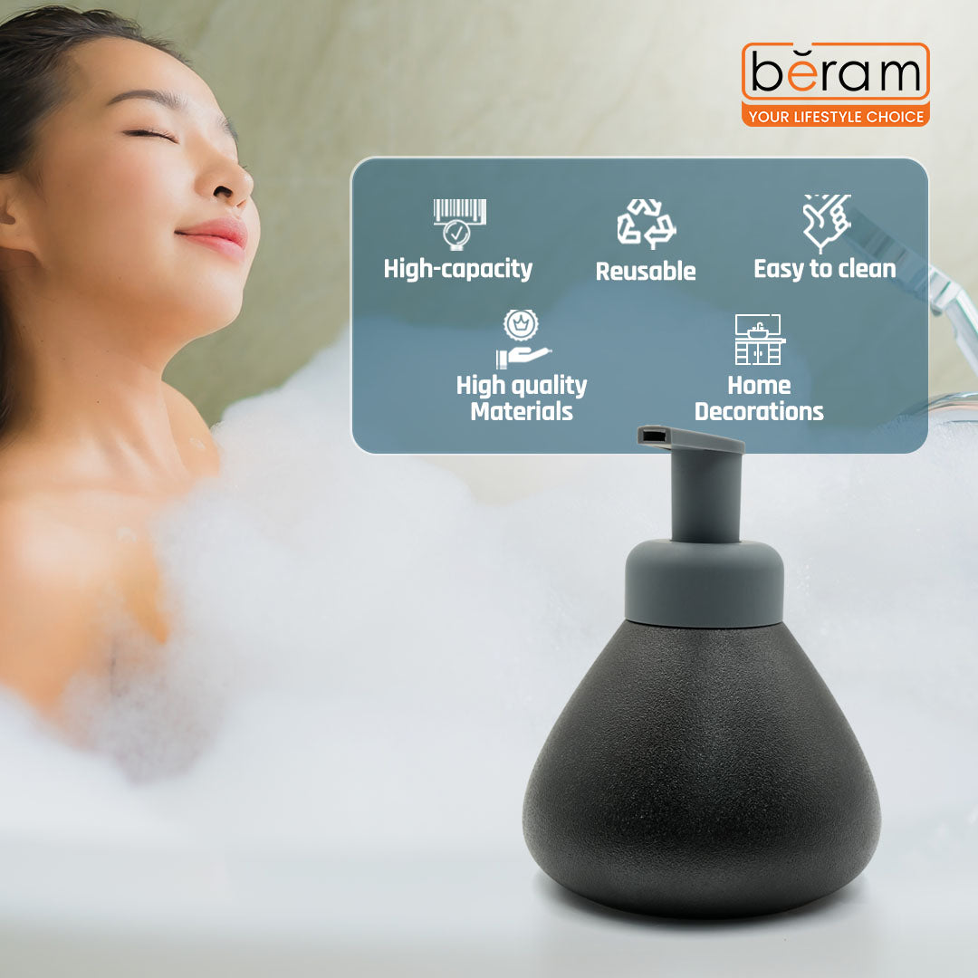 Beram Pear-Shaped Soap Dispenser Bathroom Accessory 380ml Matte Ceramic Lotion Pump Bottle Elegant Countertop Accessory for Hand Soap Sanitizer or Shampoo (Plain Pear Black)