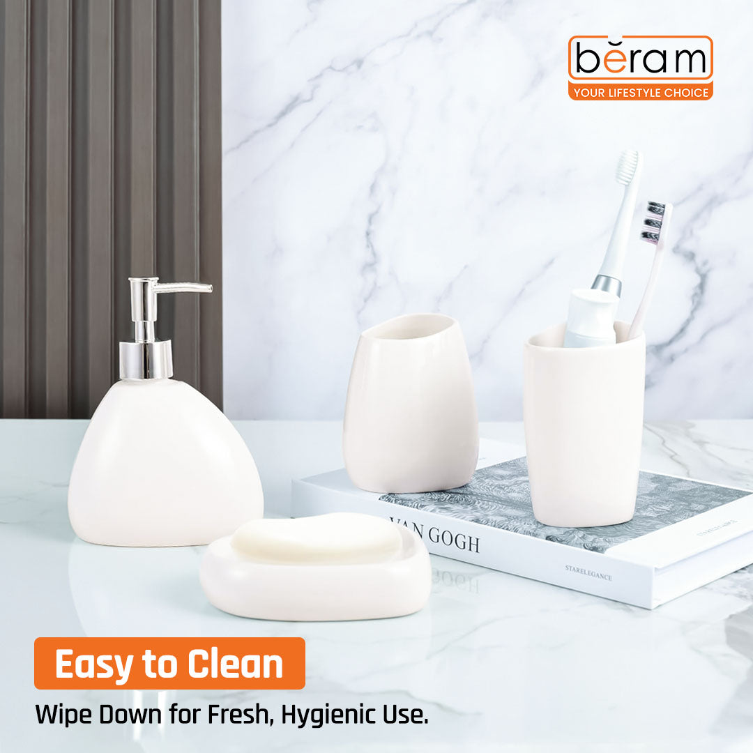 BERAM Bathroom Accessory Set 4pcs Ceramic Plain Pear look Countertop Set with Elegant Glossy Decor Accessories with Liquid Dispenser, 2Bathroom Tumblers & Soap Dish (WHITE) (4 Pcs Set)