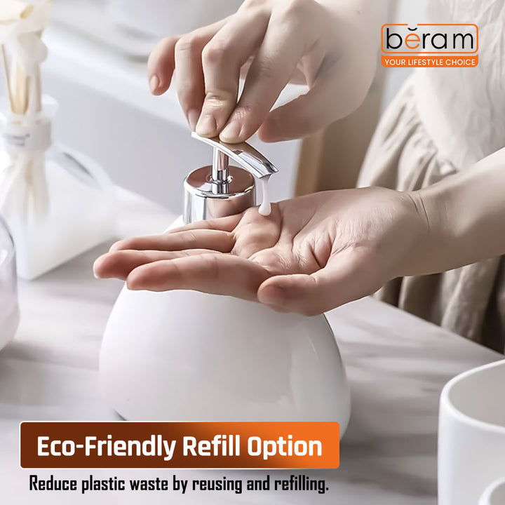 Beram 340ml Pear-Shaped Soap Dispenser Bathroom Accessory Glossy Ceramic Lotion Pump Bottle Elegant Countertop for Hand Soap Sanitizer or Shampoo Reusable Ceramic Dispenser (Plain Pear White)