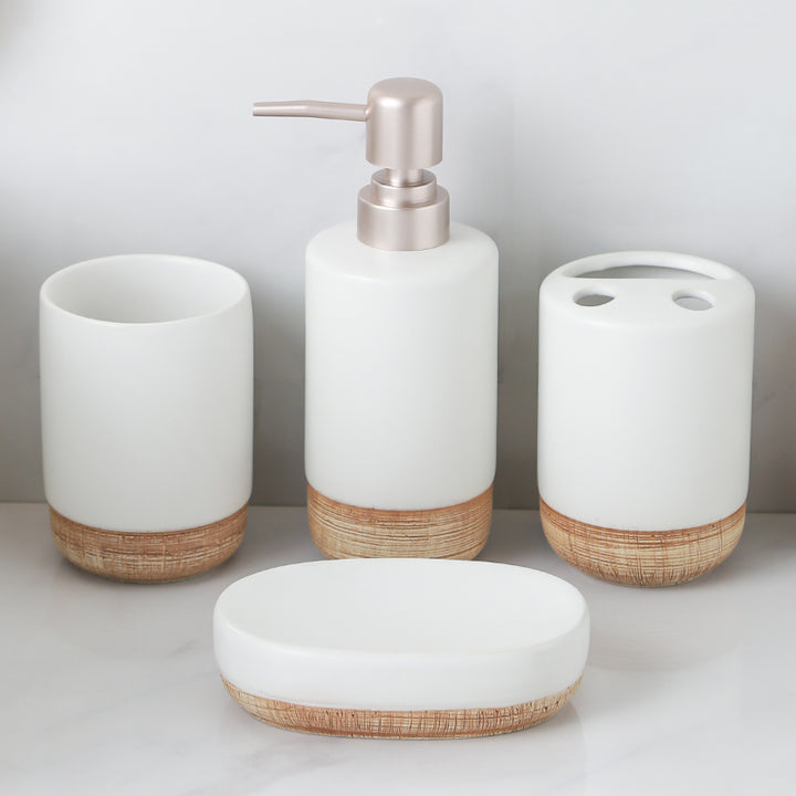 Beram Dispenser Plain Stripes 4 Piece Ceramic Bathroom & Kitchen Accessory Set Rustic Matte Finish with Soap Dispenser Tumbler Toothbrush Holder & Soap Dish Handmade (White and Brown) (4PCS Set)