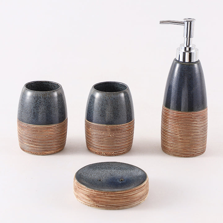 Beram Dispenser Plain Stripes 4 Piece Ceramic Bathroom Accessory Set Rustic Matte Finish with Soap Dispenser Tumbler Toothbrush Holder & Soap Dish Handmade (Blue and Brown) (4PCS Set)