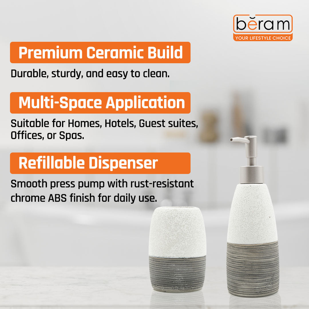 Beram Dispenser Plain Stripes 4 Piece Ceramic Bathroom Accessory Set Rustic Matte Finish with Soap Dispenser Tumbler Toothbrush Holder & Soap Dish Handmade (White and Black) (4PCS Set)