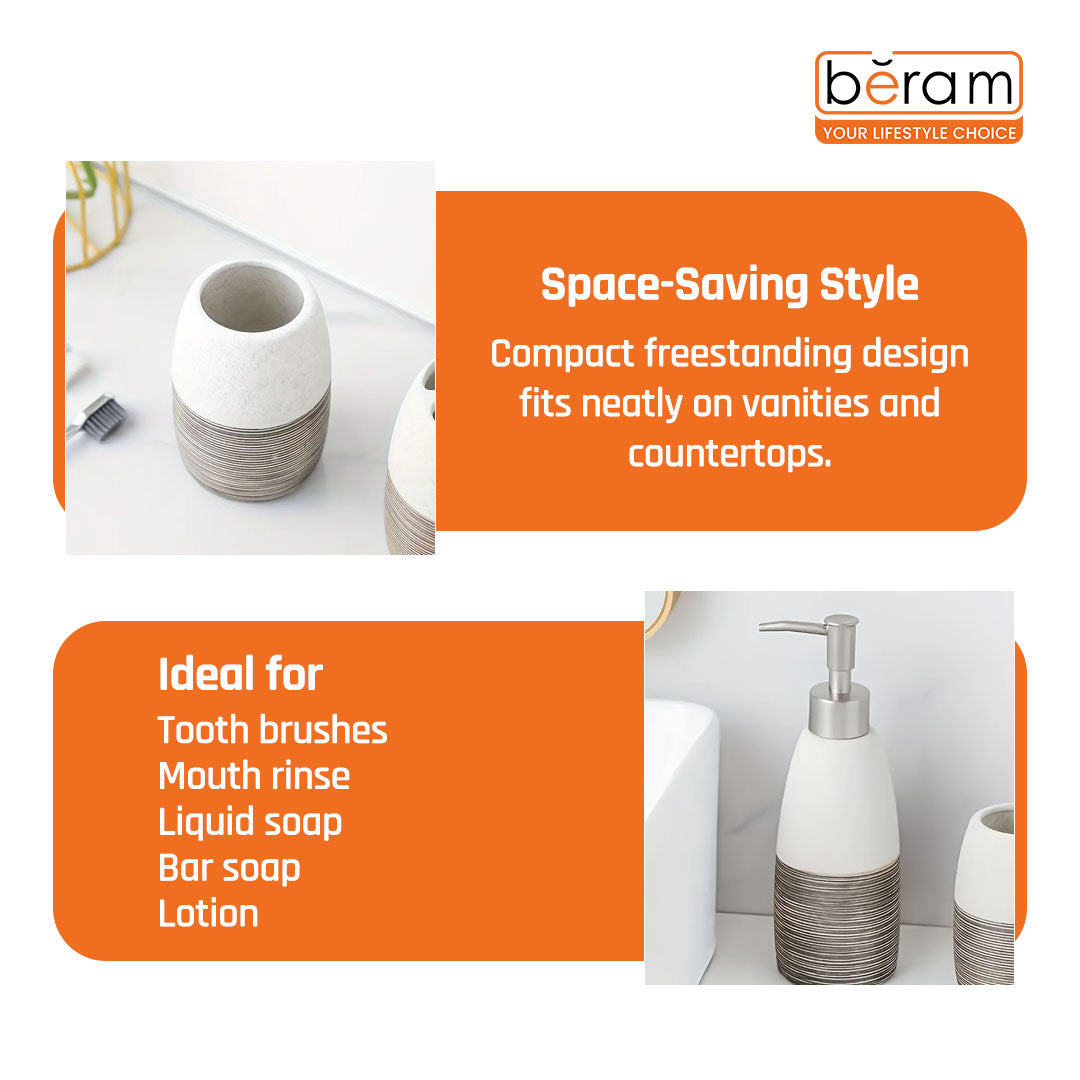 Beram Dispenser Plain Stripes 4 Piece Ceramic Bathroom Accessory Set Rustic Matte Finish with Soap Dispenser Tumbler Toothbrush Holder & Soap Dish Handmade (White and Black) (4PCS Set)