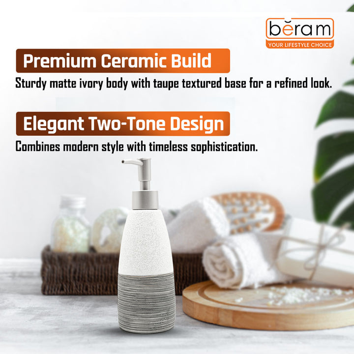 Beram Dispenser Plain Stripes 4 Piece Ceramic Bathroom Accessory Set Rustic Matte Finish with Soap Dispenser Tumbler Toothbrush Holder & Soap Dish Handmade (White and Black) (4PCS Set)