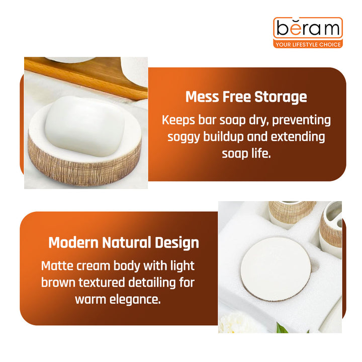 Beram 4PCS Ceramic Bathroom Accessory Set, White &  Brown Textured Set with Lotion Dispenser, Toothbrush Holder, Tumbler, and Soap Dish, Modern Bathroom Countertop Organizer (4PCS Set)