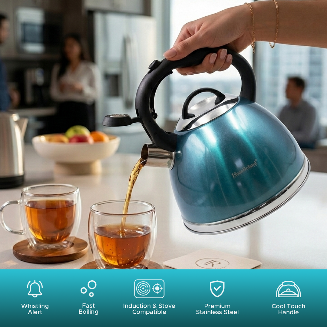 Haus Roland Whistling Kettle, Stainless Steel Tea Kettle, 3 Liters, Whistling Teapot, Ergonomic Handle, Tea Kettle Lid with Nylon Knob, Suitable For Induction and Gas