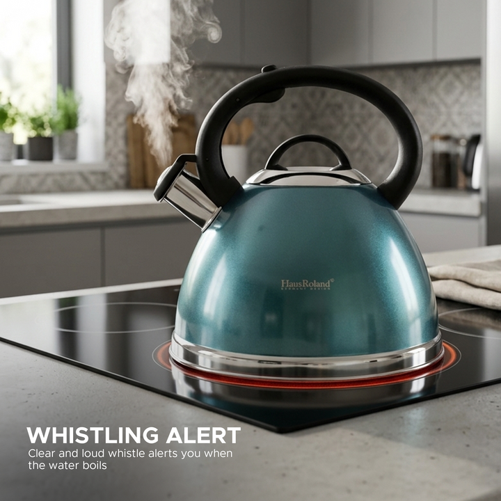 Haus Roland Whistling Kettle, Stainless Steel Tea Kettle, 3 Liters, Whistling Teapot, Ergonomic Handle, Tea Kettle Lid with Nylon Knob, Suitable For Induction and Gas
