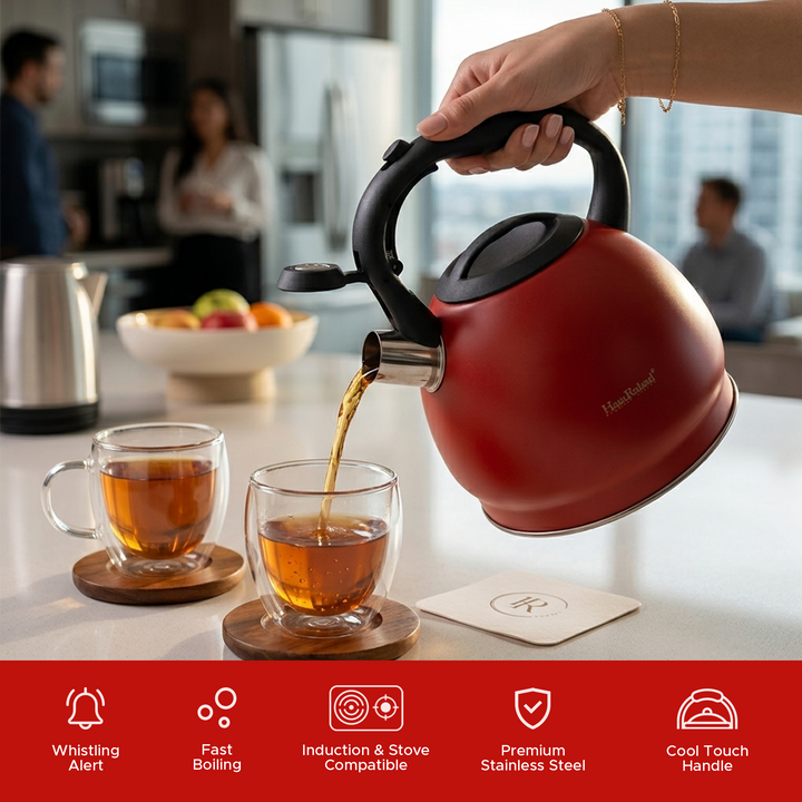 Haus Roland Whistling Kettle, Stainless Steel Tea Kettle, 3 Liters, Whistling Teapot, Ergonomic Handle Teapot, Lid with Nylon Knob, Suitable For Induction and Gas., Full Matte Design