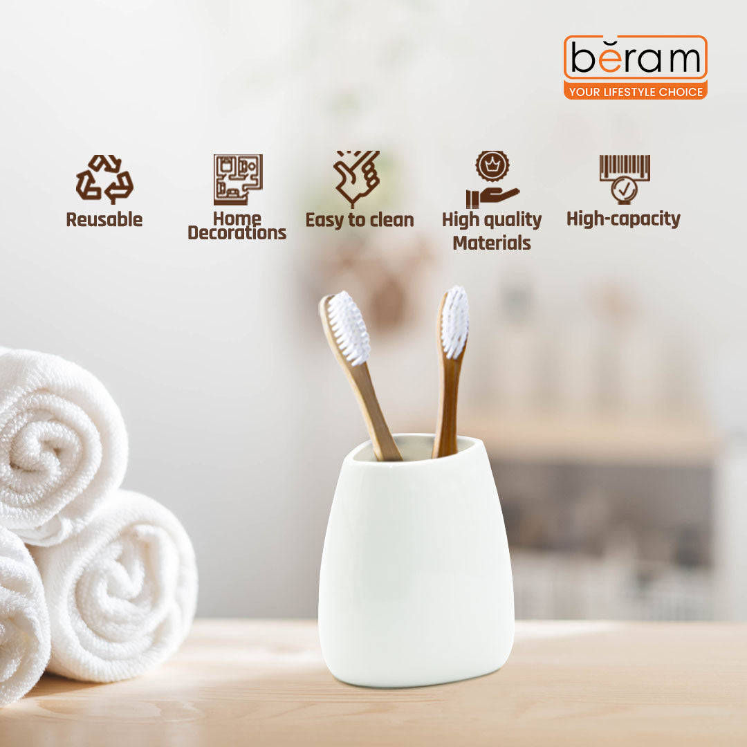 BERAM Bathroom Accessory Set 4pcs Ceramic Plain Pear look Countertop Set with Elegant Glossy Decor Accessories with Liquid Dispenser, 2Bathroom Tumblers & Soap Dish (WHITE) (4 Pcs Set)