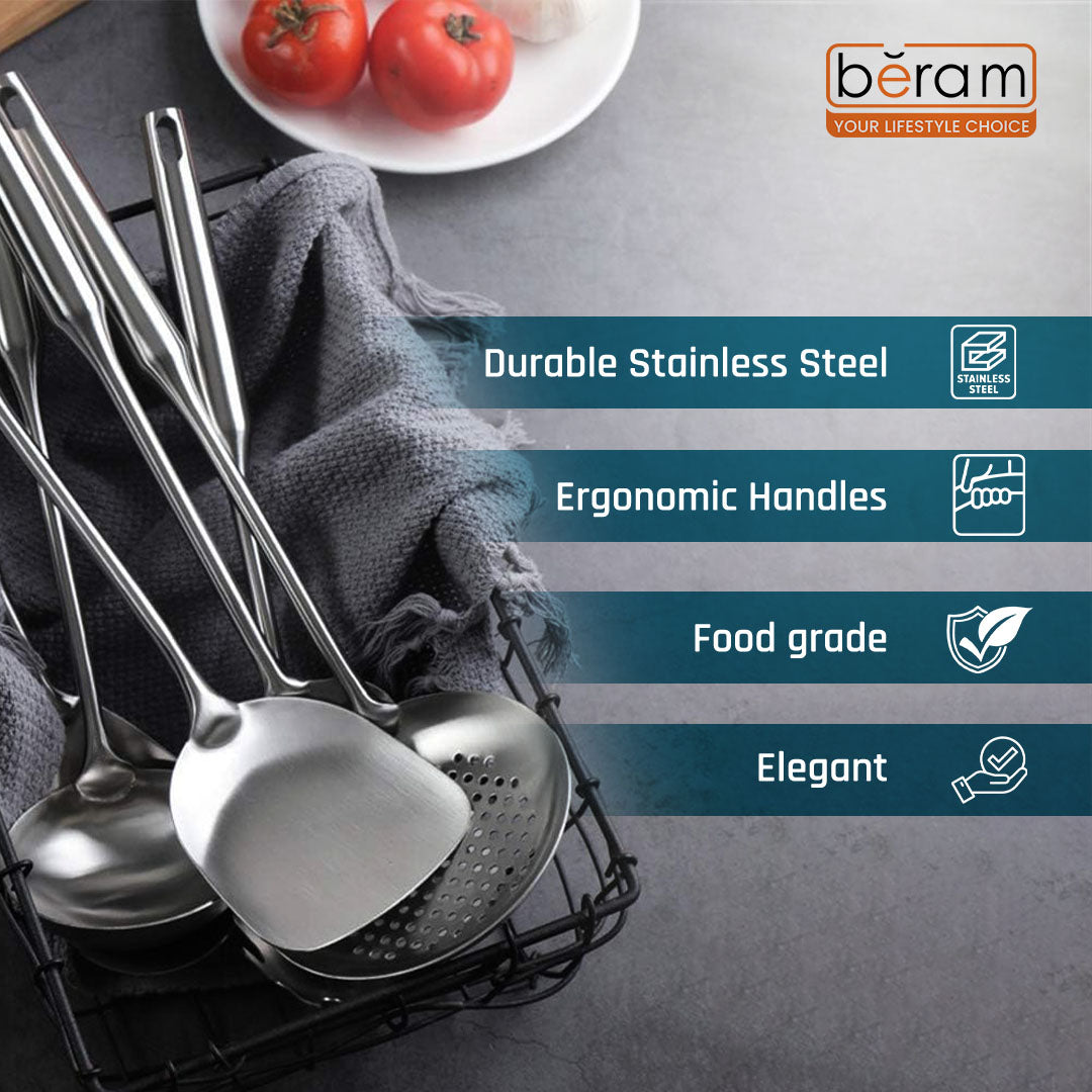 BERAM Stainless Steel Plain Handle Cooking Set, 304 Utensils Set of 6 with Stand – Pasta Server, Rice Scoop, Turner, Spatula, Soup Ladle, Skimmer – Kitchen Tools for Daily Use