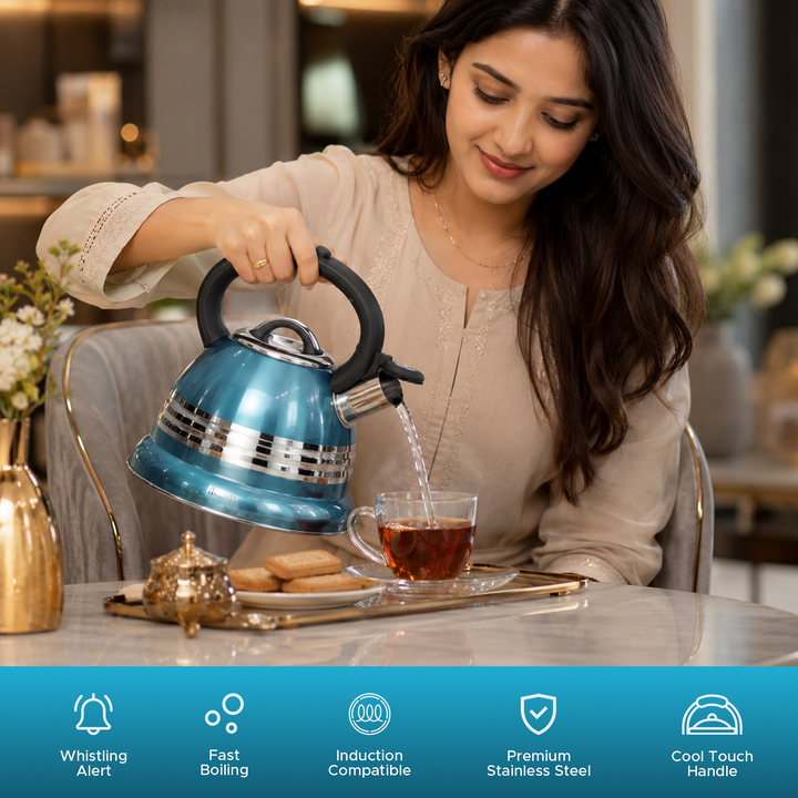 Haus Roland Stainless Steel Tea Kettle, 3 Litres, Whistling Teapot, Stove Top, Stone Finish, Anti-Hot Handle, Anti-Rust, Loud Whistle, Fast Boiling Kitchen Utensil