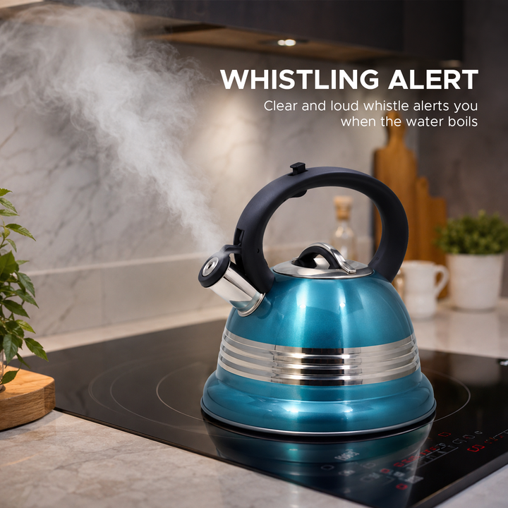 Haus Roland Stainless Steel Tea Kettle, 3 Litres, Whistling Teapot, Stove Top, Stone Finish, Anti-Hot Handle, Anti-Rust, Loud Whistle, Fast Boiling Kitchen Utensil