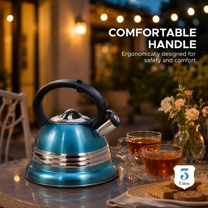 Haus Roland Stainless Steel Tea Kettle, 3 Litres, Whistling Teapot, Stove Top, Stone Finish, Anti-Hot Handle, Anti-Rust, Loud Whistle, Fast Boiling Kitchen Utensil