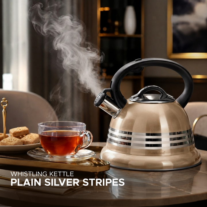 Haus Roland Stainless Steel Tea Kettle, 3 Litres, Whistling Teapot, Stove Top, Stone Finish, Anti-Hot Handle, Anti-Rust, Loud Whistle, Fast Boiling Kitchen Utensil