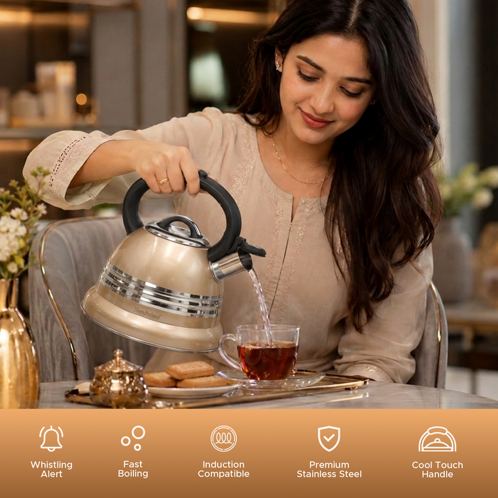 Haus Roland Stainless Steel Tea Kettle, 3 Litres, Whistling Teapot, Stove Top, Stone Finish, Anti-Hot Handle, Anti-Rust, Loud Whistle, Fast Boiling Kitchen Utensil