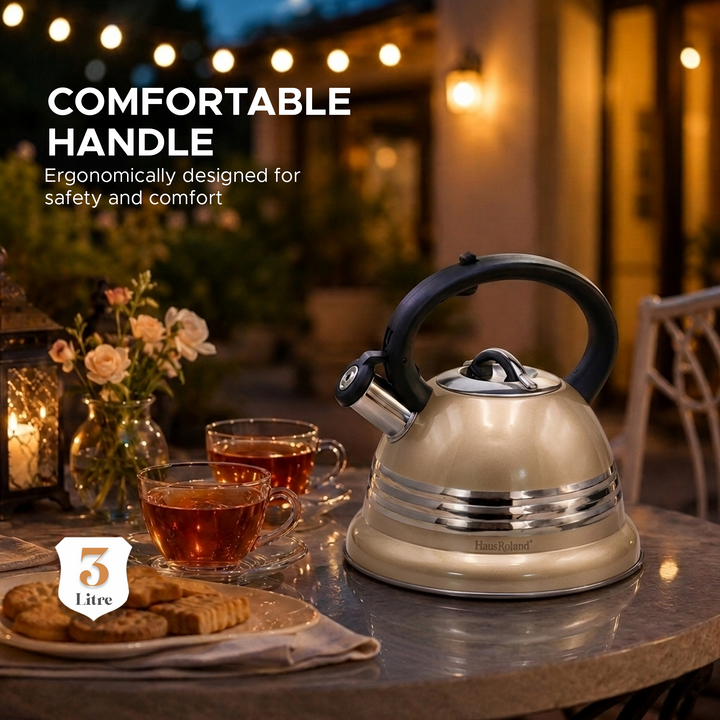 Haus Roland Stainless Steel Tea Kettle, 3 Litres, Whistling Teapot, Stove Top, Stone Finish, Anti-Hot Handle, Anti-Rust, Loud Whistle, Fast Boiling Kitchen Utensil