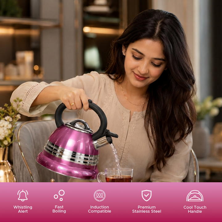 Haus Roland Stainless Steel Tea Kettle, 3 Litres, Whistling Teapot, Stove Top, Stone Finish, Anti-Hot Handle, Anti-Rust, Loud Whistle, Fast Boiling Kitchen Utensil