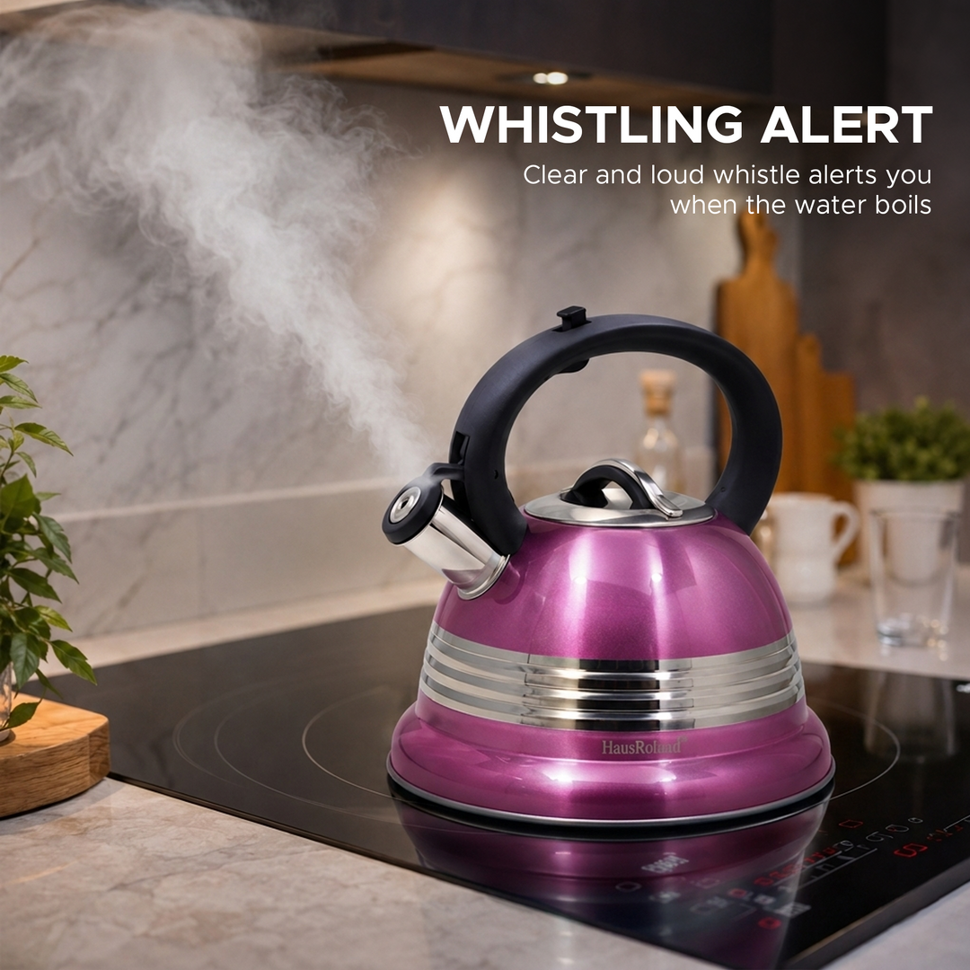 Haus Roland Stainless Steel Tea Kettle, 3 Litres, Whistling Teapot, Stove Top, Stone Finish, Anti-Hot Handle, Anti-Rust, Loud Whistle, Fast Boiling Kitchen Utensil