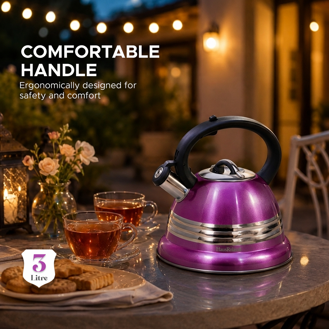 Haus Roland Stainless Steel Tea Kettle, 3 Litres, Whistling Teapot, Stove Top, Stone Finish, Anti-Hot Handle, Anti-Rust, Loud Whistle, Fast Boiling Kitchen Utensil