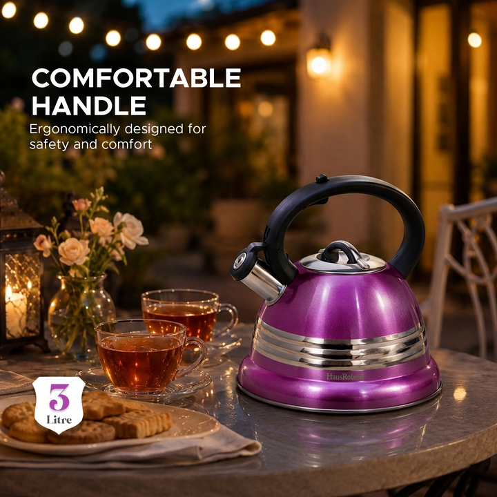 Haus Roland Stainless Steel Tea Kettle, 3 Litres, Whistling Teapot, Stove Top, Stone Finish, Anti-Hot Handle, Anti-Rust, Loud Whistle, Fast Boiling Kitchen Utensil
