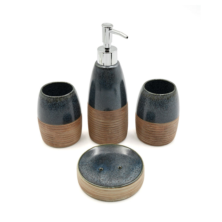 Beram Dispenser Plain Stripes 4 Piece Ceramic Bathroom Accessory Set Rustic Matte Finish with Soap Dispenser Tumbler Toothbrush Holder & Soap Dish Handmade (Blue and Brown) (4PCS Set)