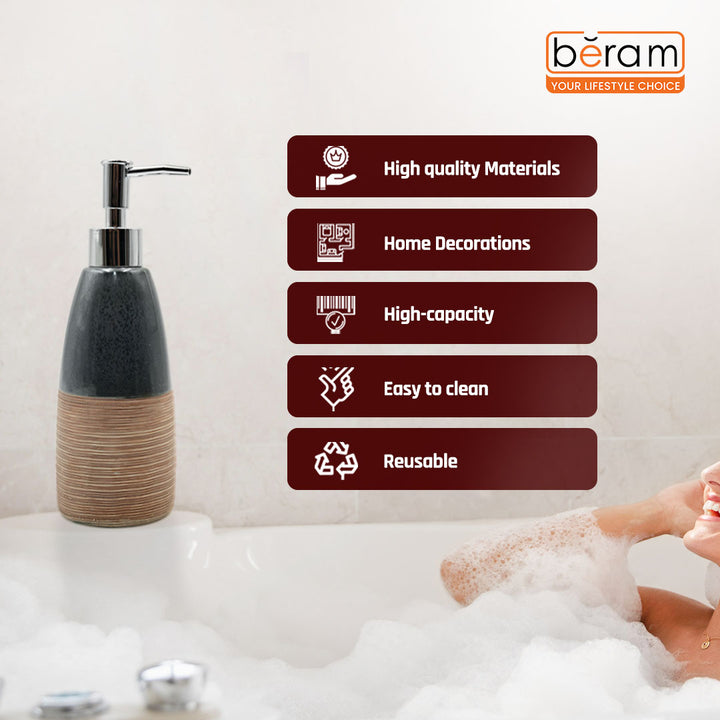 Beram Dispenser Plain Stripes 4 Piece Ceramic Bathroom Accessory Set Rustic Matte Finish with Soap Dispenser Tumbler Toothbrush Holder & Soap Dish Handmade (Blue and Brown) (4PCS Set)