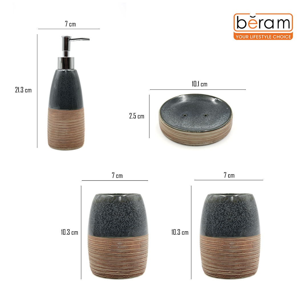 Beram Dispenser Plain Stripes 4 Piece Ceramic Bathroom Accessory Set Rustic Matte Finish with Soap Dispenser Tumbler Toothbrush Holder & Soap Dish Handmade (Blue and Brown) (4PCS Set)