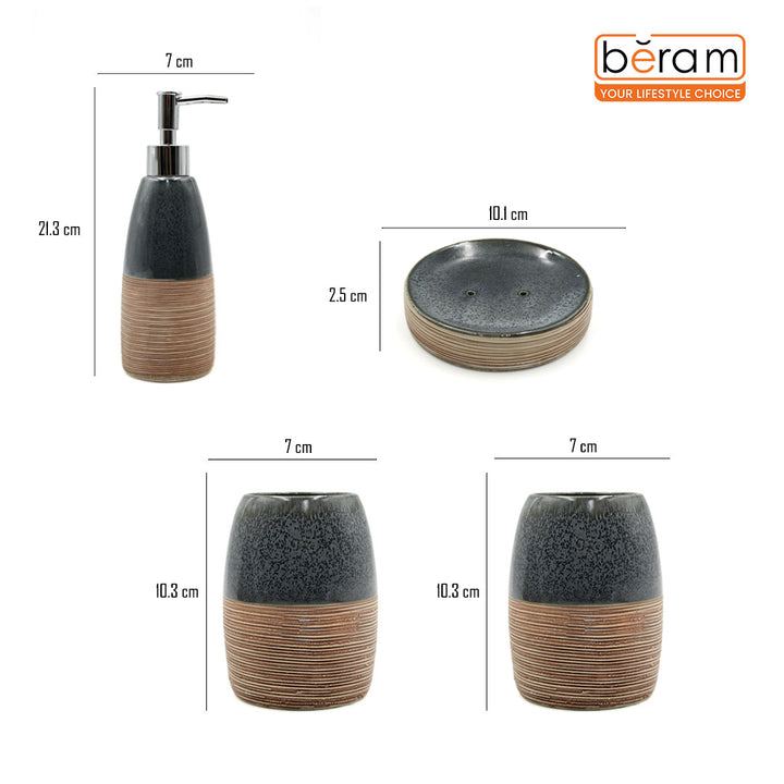 Beram Dispenser Plain Stripes 4 Piece Ceramic Bathroom Accessory Set Rustic Matte Finish with Soap Dispenser Tumbler Toothbrush Holder & Soap Dish Handmade (Blue and Brown) (4PCS Set)