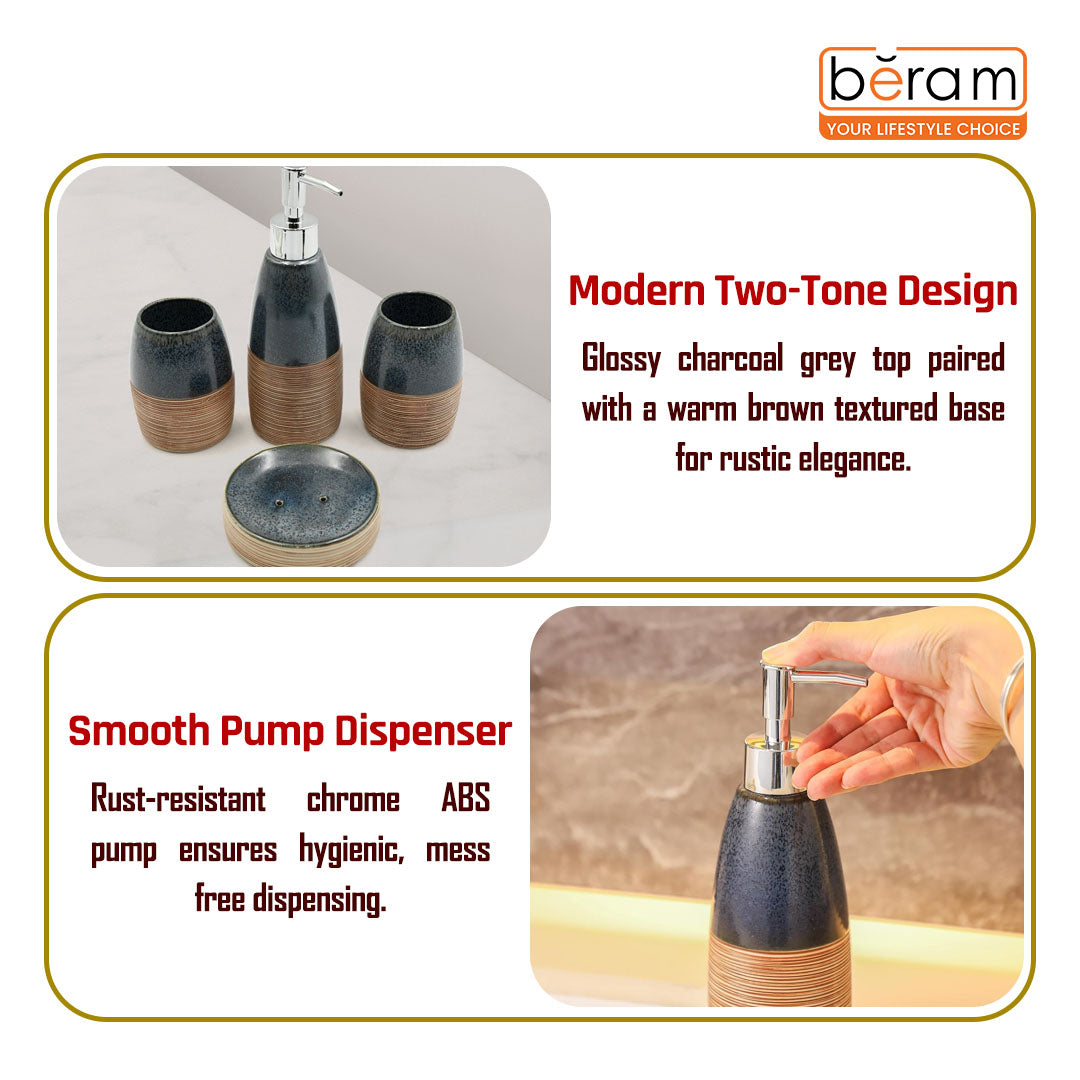 Beram Dispenser Plain Stripes 4 Piece Ceramic Bathroom Accessory Set Rustic Matte Finish with Soap Dispenser Tumbler Toothbrush Holder & Soap Dish Handmade (Blue and Brown) (4PCS Set)