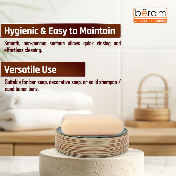 Beram Dispenser Plain Stripes 4 Piece Ceramic Bathroom Accessory Set Rustic Matte Finish with Soap Dispenser Tumbler Toothbrush Holder & Soap Dish Handmade (Blue and Brown) (4PCS Set)