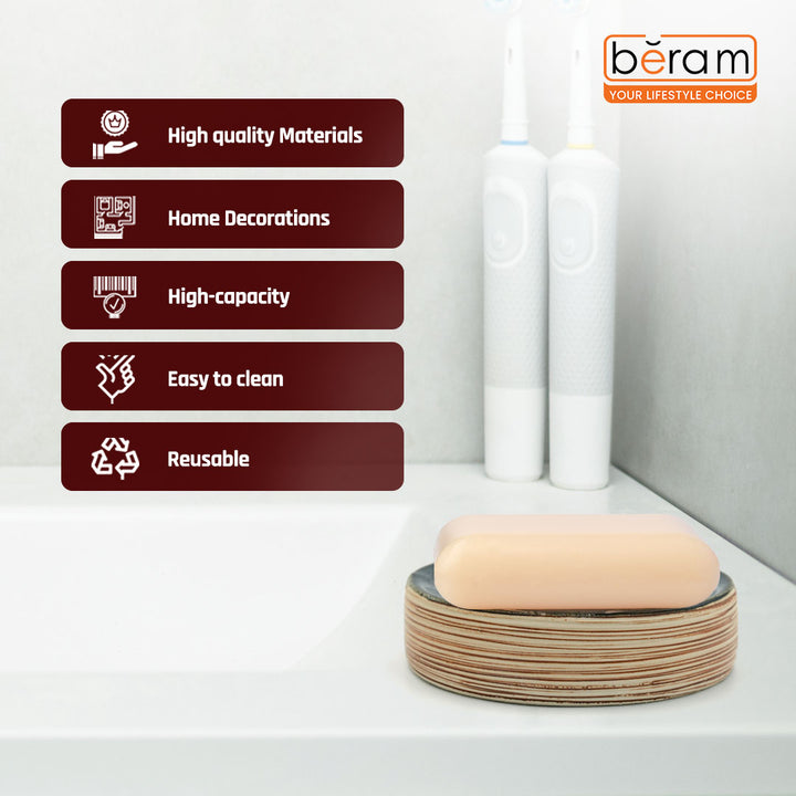 Beram Dispenser Plain Stripes 4 Piece Ceramic Bathroom Accessory Set Rustic Matte Finish with Soap Dispenser Tumbler Toothbrush Holder & Soap Dish Handmade (Blue and Brown) (4PCS Set)