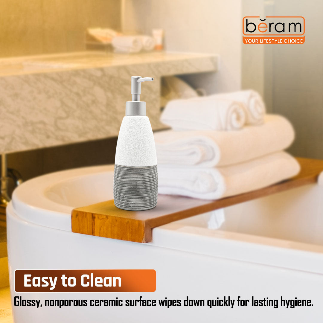 Beram Dispenser Plain Stripes 4 Piece Ceramic Bathroom Accessory Set Rustic Matte Finish with Soap Dispenser Tumbler Toothbrush Holder & Soap Dish Handmade (White and Black) (4PCS Set)