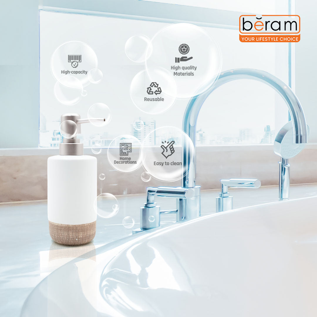 Beram Dispenser Plain Stripes 4 Piece Ceramic Bathroom & Kitchen Accessory Set Rustic Matte Finish with Soap Dispenser Tumbler Toothbrush Holder & Soap Dish Handmade (White and Brown) (4PCS Set)