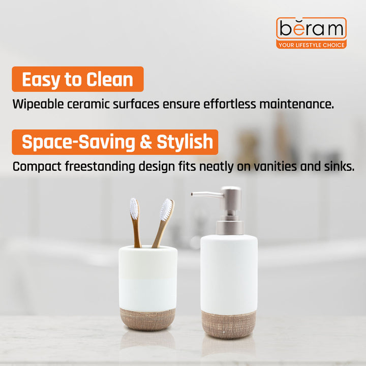 Beram Dispenser Plain Stripes 4 Piece Ceramic Bathroom & Kitchen Accessory Set Rustic Matte Finish with Soap Dispenser Tumbler Toothbrush Holder & Soap Dish Handmade (White and Brown) (4PCS Set)