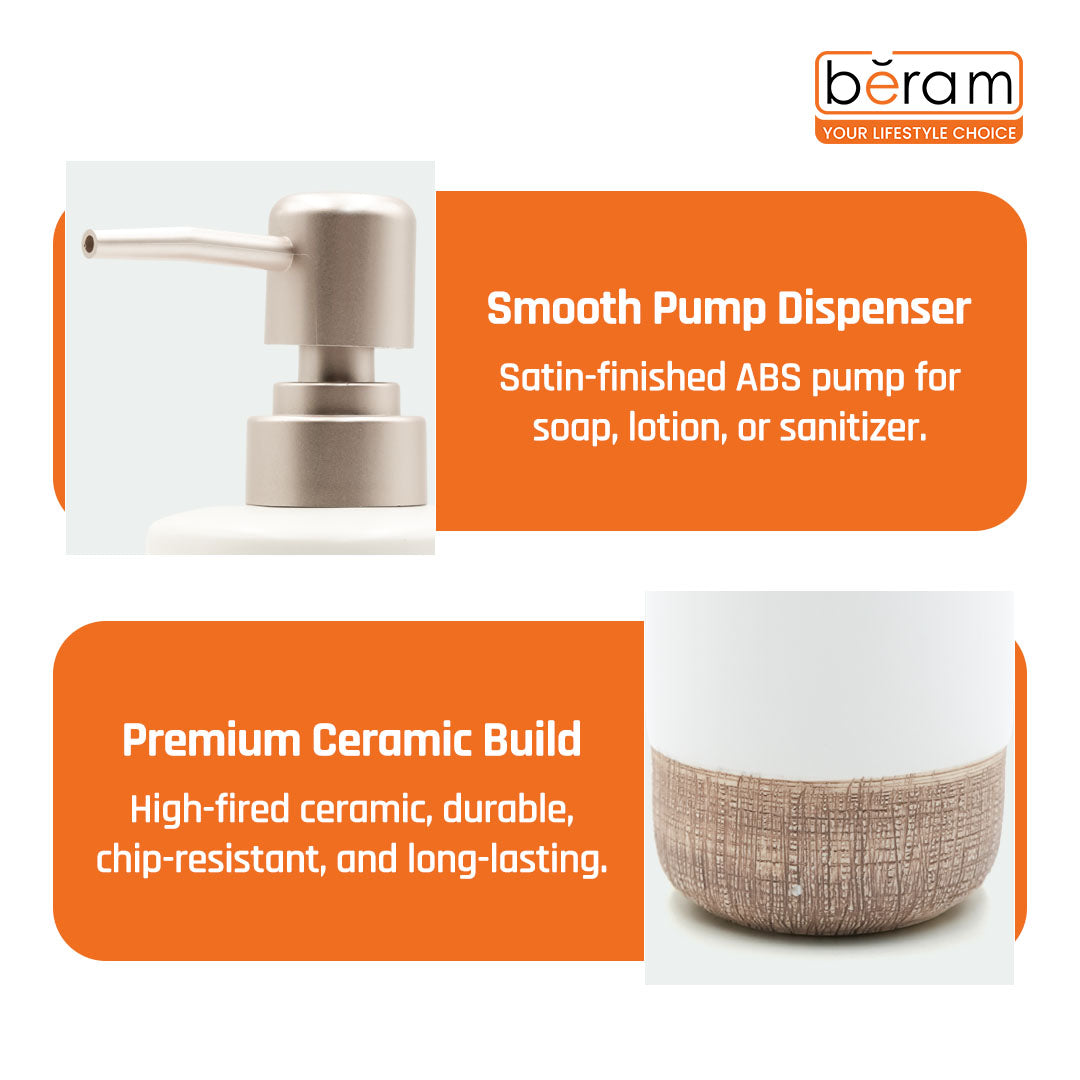 Beram Dispenser Plain Stripes 4 Piece Ceramic Bathroom & Kitchen Accessory Set Rustic Matte Finish with Soap Dispenser Tumbler Toothbrush Holder & Soap Dish Handmade (White and Brown) (4PCS Set)