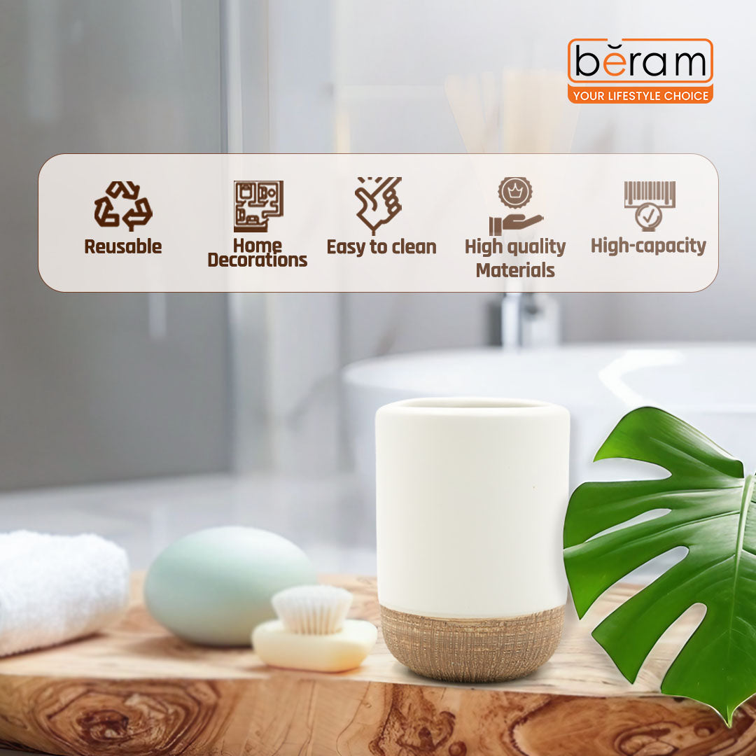 Beram Dispenser Plain Stripes 4 Piece Ceramic Bathroom & Kitchen Accessory Set Rustic Matte Finish with Soap Dispenser Tumbler Toothbrush Holder & Soap Dish Handmade (White and Brown) (4PCS Set)