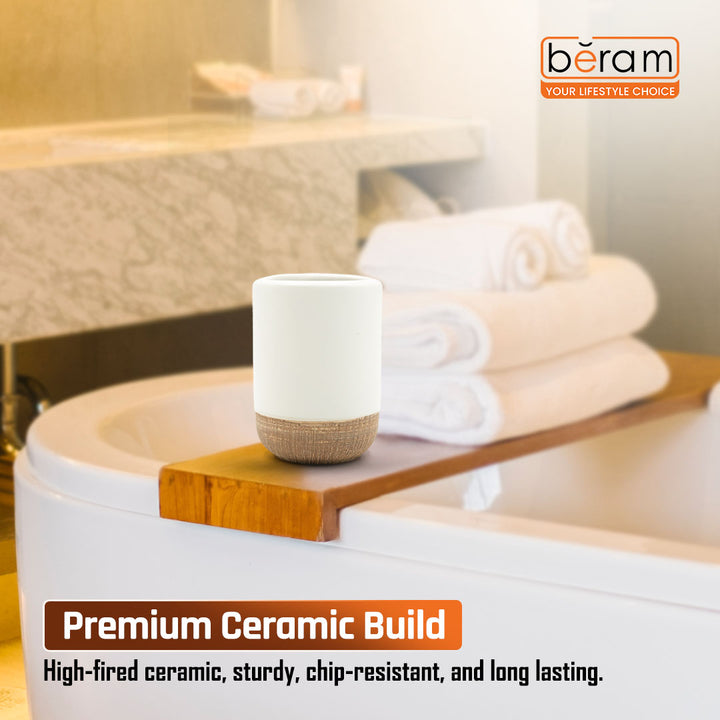 Beram Dispenser Plain Stripes 4 Piece Ceramic Bathroom & Kitchen Accessory Set Rustic Matte Finish with Soap Dispenser Tumbler Toothbrush Holder & Soap Dish Handmade (White and Brown) (4PCS Set)