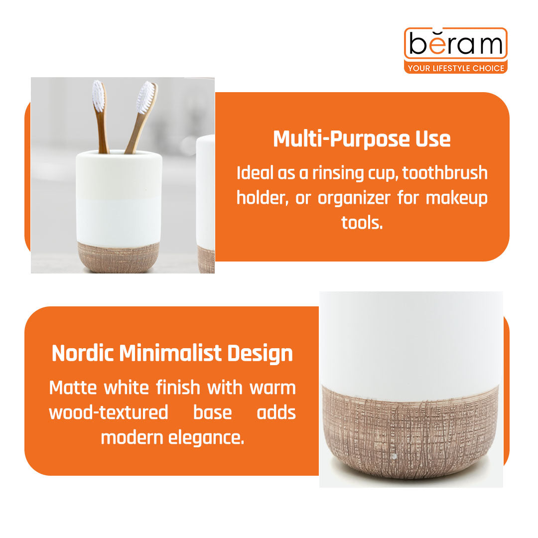 Beram Dispenser Plain Stripes 4 Piece Ceramic Bathroom & Kitchen Accessory Set Rustic Matte Finish with Soap Dispenser Tumbler Toothbrush Holder & Soap Dish Handmade (White and Brown) (4PCS Set)