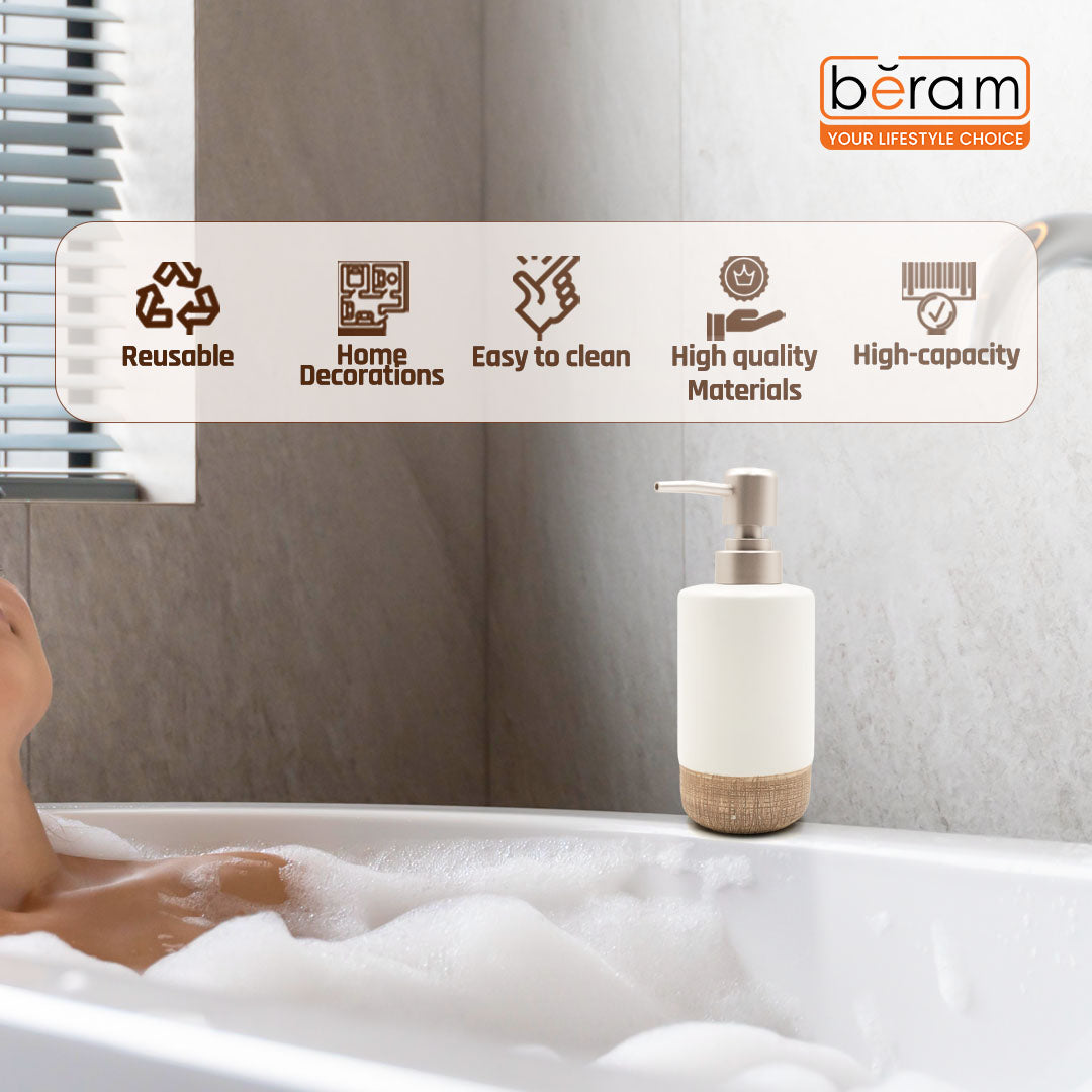 Beram Dispenser Plain Stripes 4 Piece Ceramic Bathroom & Kitchen Accessory Set Rustic Matte Finish with Soap Dispenser Tumbler Toothbrush Holder & Soap Dish Handmade (White and Brown) (4PCS Set)