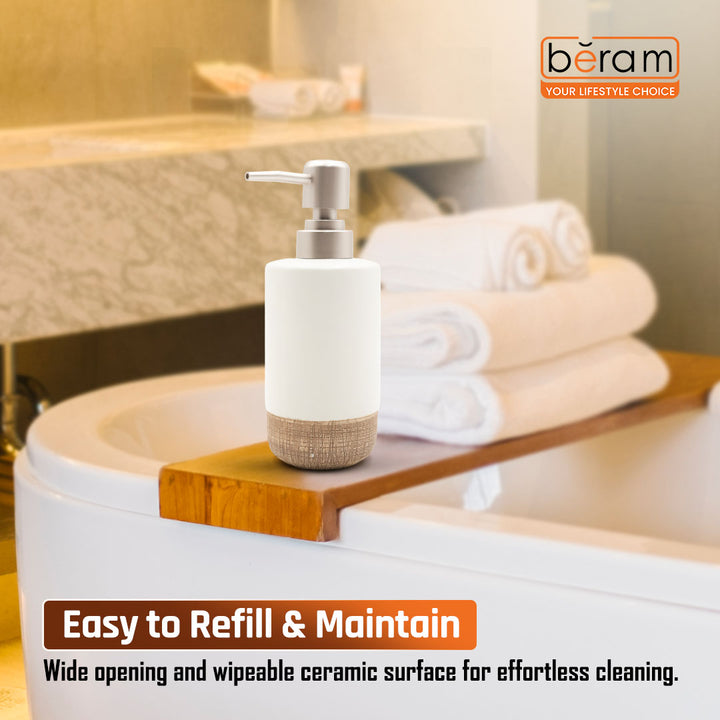 Beram Dispenser Plain Stripes 4 Piece Ceramic Bathroom & Kitchen Accessory Set Rustic Matte Finish with Soap Dispenser Tumbler Toothbrush Holder & Soap Dish Handmade (White and Brown) (4PCS Set)