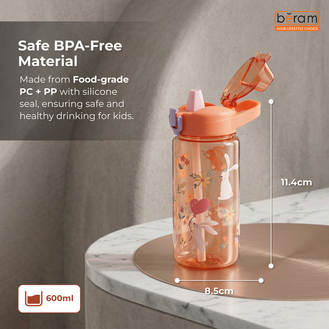 Beram Kids Plastic Water Bottle 600ml – BPA Free Leak Proof Drinking Bottle with Flip Lock Lid  Cute Cartoon Design Lightweight School Water Bottle for Boys & Girls