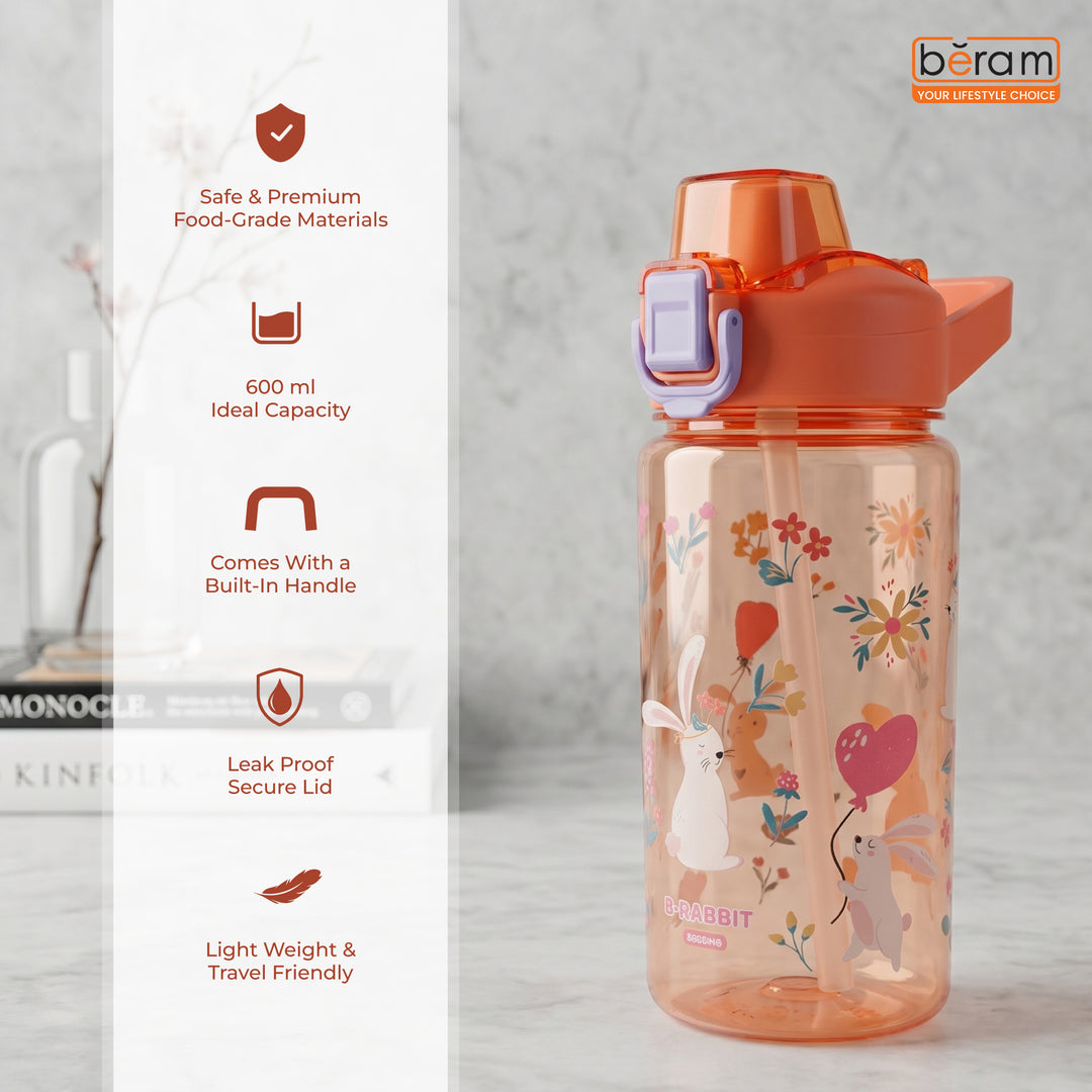 Beram Kids Plastic Water Bottle 600ml – BPA Free Leak Proof Drinking Bottle with Flip Lock Lid  Cute Cartoon Design Lightweight School Water Bottle for Boys & Girls