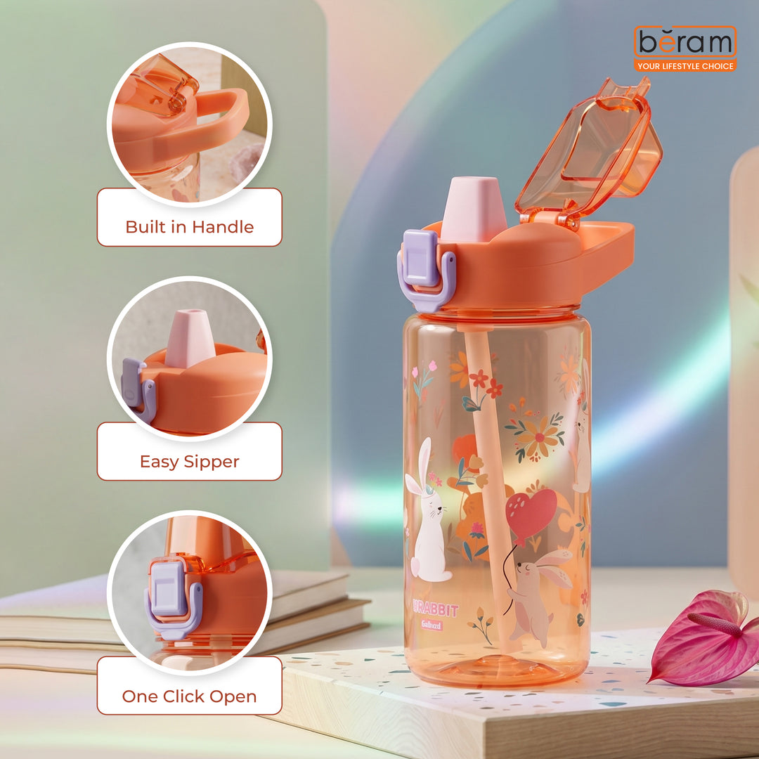 Beram Kids Plastic Water Bottle 600ml – BPA Free Leak Proof Drinking Bottle with Flip Lock Lid  Cute Cartoon Design Lightweight School Water Bottle for Boys & Girls