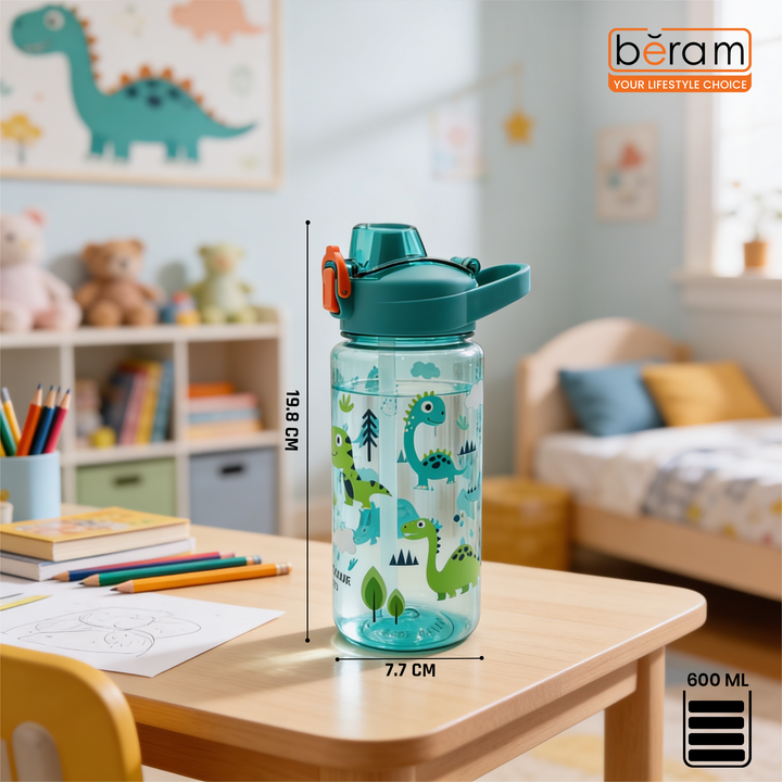 Beram Kids Plastic Water Bottle 600ml – BPA Free Leak Proof Drinking Bottle with Flip Lock Lid  Cute Cartoon Design Lightweight School Water Bottle for Boys & Girls