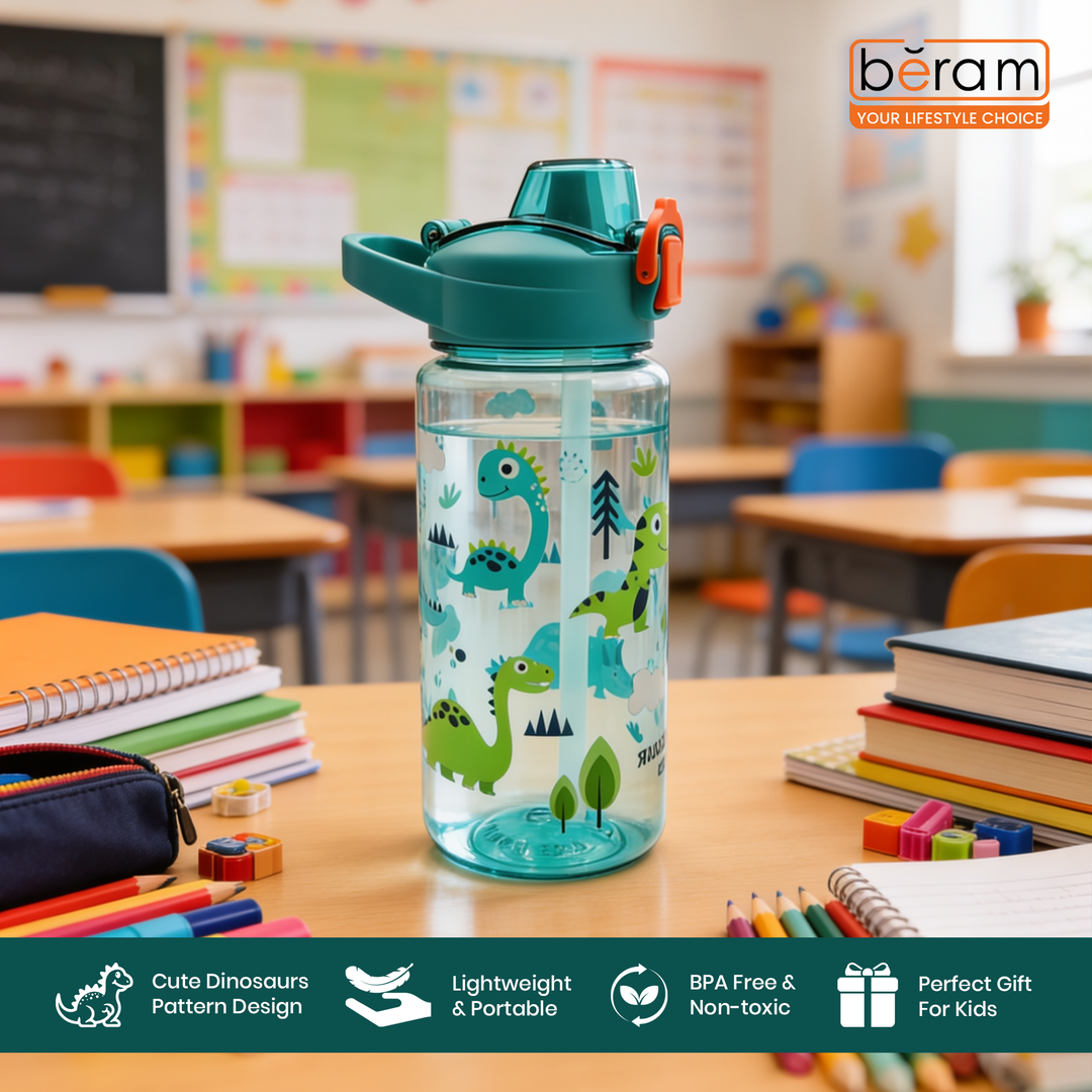 Beram Kids Plastic Water Bottle 600ml – BPA Free Leak Proof Drinking Bottle with Flip Lock Lid  Cute Cartoon Design Lightweight School Water Bottle for Boys & Girls