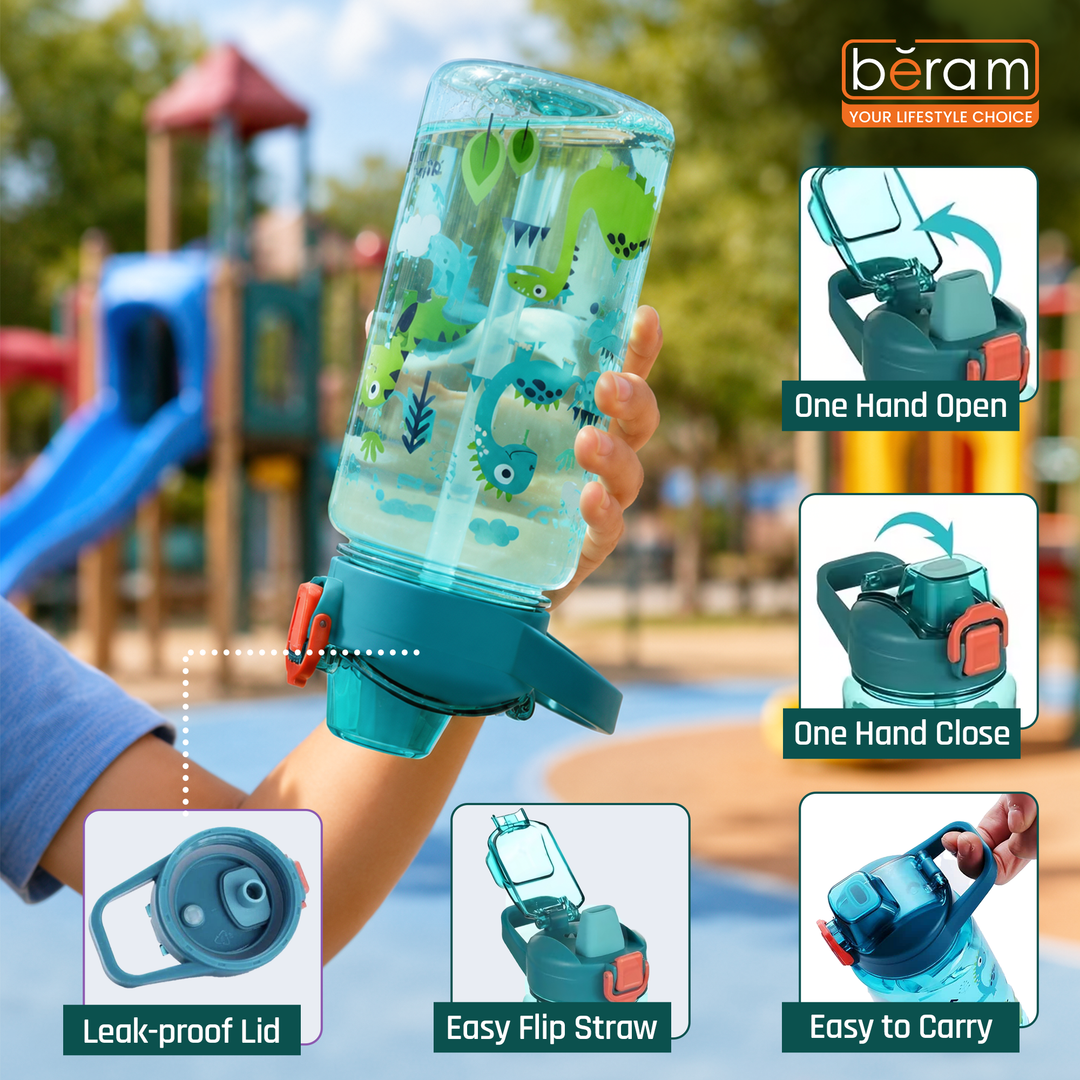 Beram Kids Plastic Water Bottle 600ml – BPA Free Leak Proof Drinking Bottle with Flip Lock Lid  Cute Cartoon Design Lightweight School Water Bottle for Boys & Girls