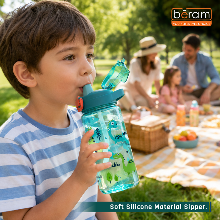 Beram Kids Plastic Water Bottle 600ml – BPA Free Leak Proof Drinking Bottle with Flip Lock Lid  Cute Cartoon Design Lightweight School Water Bottle for Boys & Girls