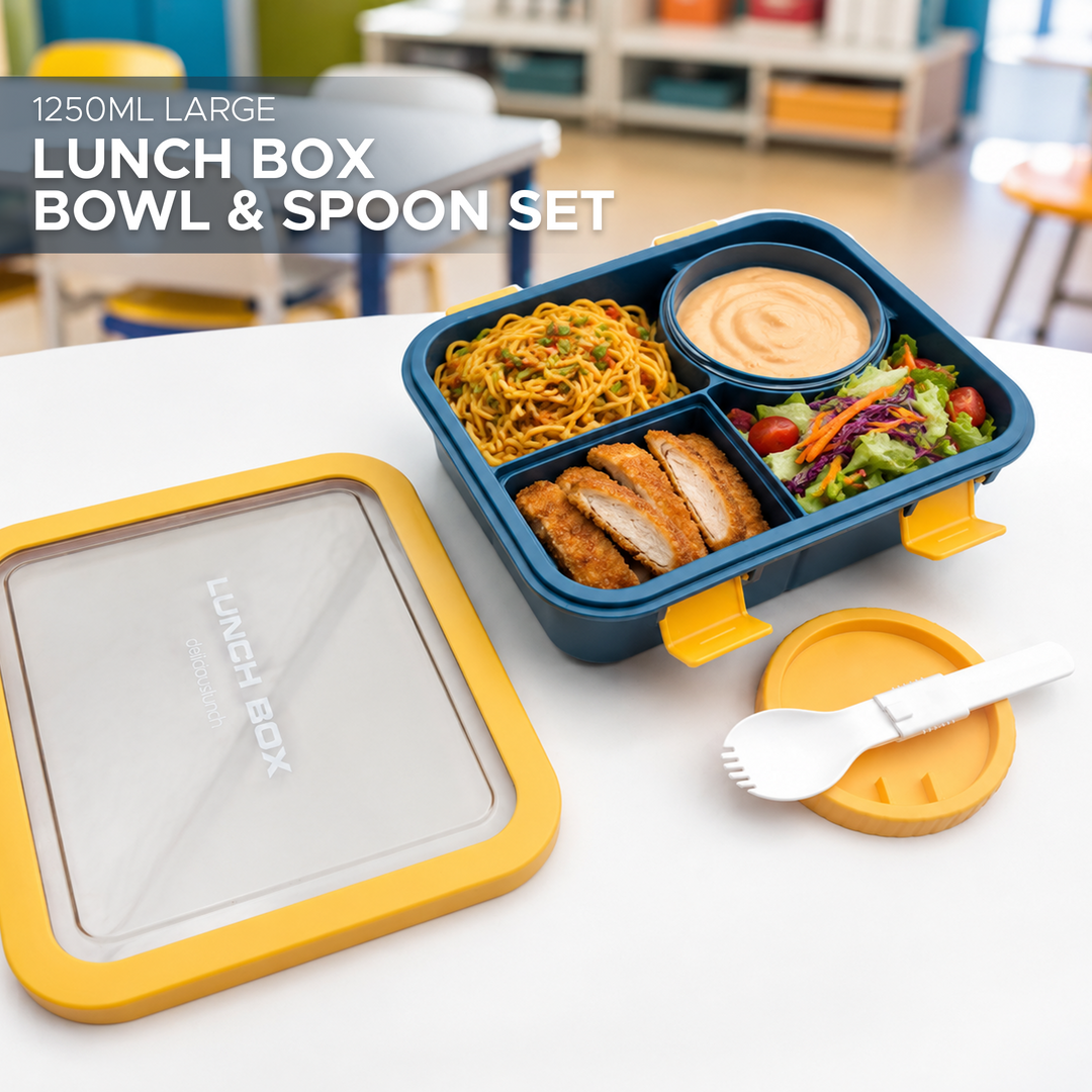 Beram Plastic Bento Lunch Box for School & Office with Bowl and Spoon  Leakproof Compartment Lunch Container  Kids & Adult Lunch Box  1250ml - Silicon